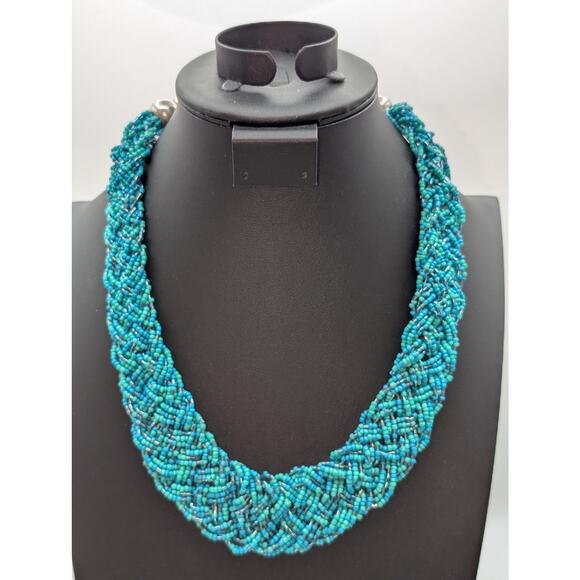 Braided Aqua Seed Bead Wide Collar 19"-22" Necklace - Picture 6 of 6